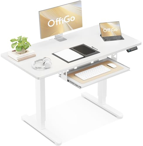 OffiGo Schreibtisch Höhenverstellbar Elektrisch, 100x50cm Höhenverstellbarer Schreibtisch mit Tastaturablage, Standing Desk mit 3 Memory Funktion, Computertisch für Arbeit Lernen, Weiß