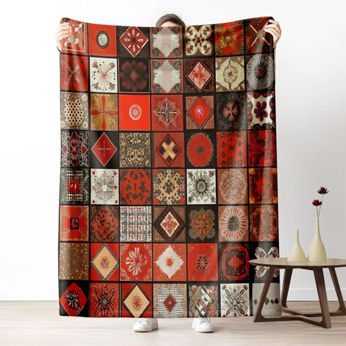 Plaid Lit Abstrait Géométrique Patchwork 2 Personnes, Jeté de Canapé Bohème Ethnique Traditionnel Antique, Couverture Polaire 150x220, Couverture Flanelle Chaude Légère pour Printemps Été Automne Hive