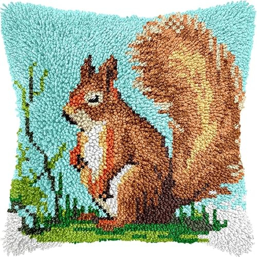 WallustrioaW Kits de gancho de pestillo DIY cojín,Una linda ardilla,Kits de alfombras autoanudables almohadas,Cojines de Ganchillo,43x43cm