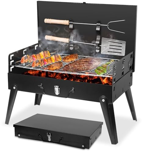 Tragbarer Holzkohlegrill – Faltbarer BBQ-Grill mit einstellbarer Höhe und praktischer Aufbewahrung for Kochen im Freien, Picknicks, Camping und Grillen im Garten