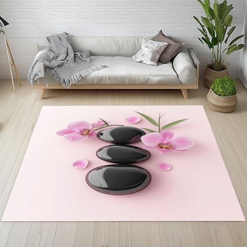 Orchidee Blumen Bambus Teppich 200 X 300 cm, Phalaenopsis Kopfsteinpflaster Teppiche Waschbar Rutschfest Kurzflor Weich, Modern Floral Teppich für Schlafzimmer, Wohnzimmer, Esszimmer, Kinderzimmer