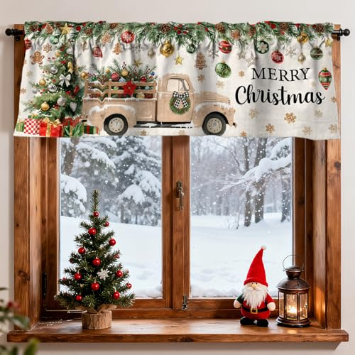 Colored Balls Christmas Curtain Valance for Windows, Christmas Curtain for Kitchen Bathroom, Christmases Decorations, Truck Decor Tree Short Curtain Treatments for Living Room Bedroom 51x17.7 in