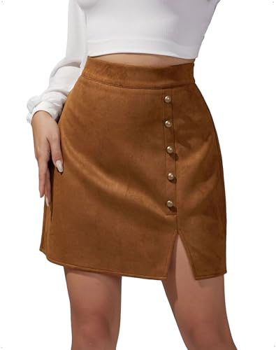 EMOTTOS Jupe Courte Simili Daim Femme Jupe Crayon Sexy à Taille Haute et Fente sur Le côté Coupe ajustée A-Line Fermeture éclair décorative Boutons métalliques Mini Cuir Les fêtes, L, Marron