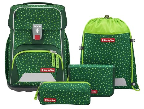 Step by Step Basis Schulranzen-Set „Green Graphics“, 4-teilig, grün, ergonomischer Tornister mit Reflektoren, Hüft- und Brustgurt, für Kinder ab der 1. Klasse, 20 Liter