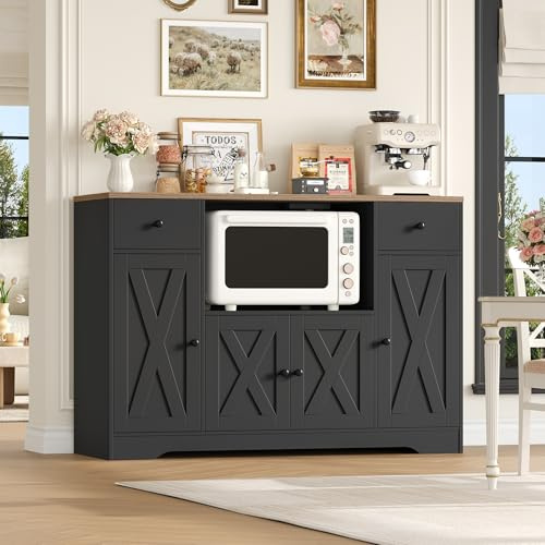 HOCSOK 120 cm Sideboard, Kitchen Pantry Cupboard with Power Sockets, Sideboard Storage Cabinet with Microwave Stand and Adjustable Shelves, for Living Room Dining Room Hallway, 120x40x85cm