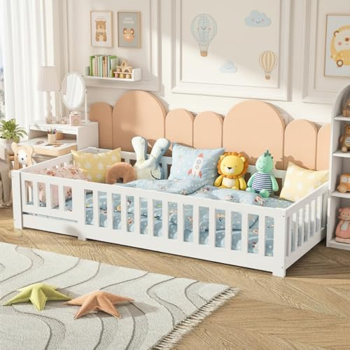 Kinderbett 90x200 cm,Montessori Bett,Bodenbett aus Holz,Sicheres Kleinkindbett,Kinder Bett Bodenbett Mit Rausfallschutz,Gitterbett Kinder FüR Jungen und MäDchen Geeignet,Kiefernholz (Weiß, 90x200cm)