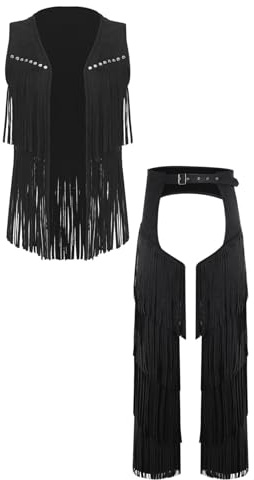 renvena herrar mocka väst topp tofsar chaps byxor överbyxor cowboy sheriff kostym vintage hippie outfit temafest karneval, svart, M