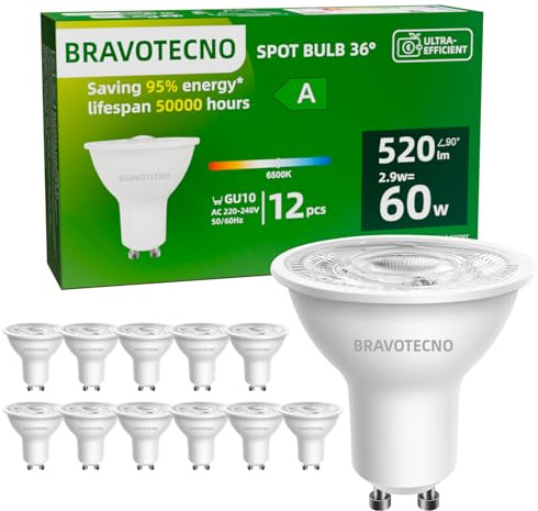 bravotecno Lampadina GU10 LED, Classe Energetica A, Luce Fredda 6500K 2.9W 520LM, Faretti GU10 36° Equivalente 60W, Non Dimmerabile, Basso Calore & Lunga Durata, 12 Pezzi