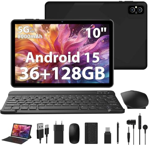 WOREGOO 10 pollici Android 15 Tablet, Tablet in Offerta 36G RAM+128G ROM, 5G WiFi, Octa-Core, 8000mAh, 1280 * 800 HD, 5MP + 8MP fotocamera con tastiera/mouse/caso(Nero)