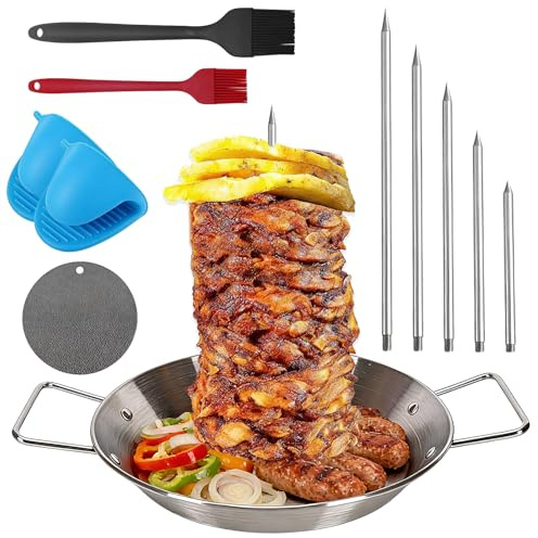 10 Stainless Steel Vertical Kebab Skewer Stand, Grill Pan Set for BBQ Oven | Includes 6/8/10/12/14 inch spikes, heatproof gloves, pad & 2 brushes, for chicken/shawarma/fish/tacos, vertical oven/BBQ