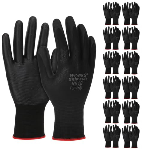 12 Pairs Safety Work Gloves with Good Grip, Black Construction Gloves | Nitrile Coated Builders Gloves for Construction Garden Engineering Logistics Warehouse Assembly Utilities Public Work (M-8)