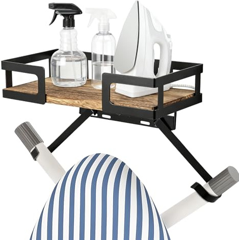 GREENSAPPIRE Ironing Board Wall Hanger Storage Rack Wooden Base Hooks | Wall-mounted ironing board storage rack with wooden base basket and removable hooks. Suitable for most standard boards.