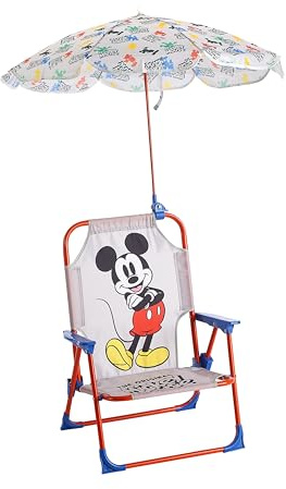 Disney Mickey Mouse Kids Beach Chair with Umbrella,Foldable Portable Toddler Chair with Armrests, Locking Mechanism & Sun Shade