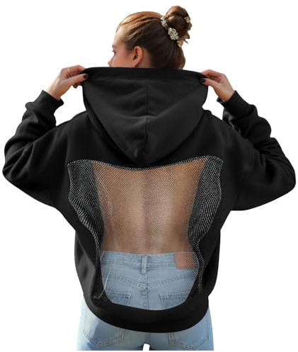Générique Sweat à Capuche Dos Nu en Maille Ajourée pour Femme - Pull Décontracté à Manches Longues avec Poches - Tenue d'hiver et d'automne - Drapé dans Un Sweat Capuche en Maille de Cristal