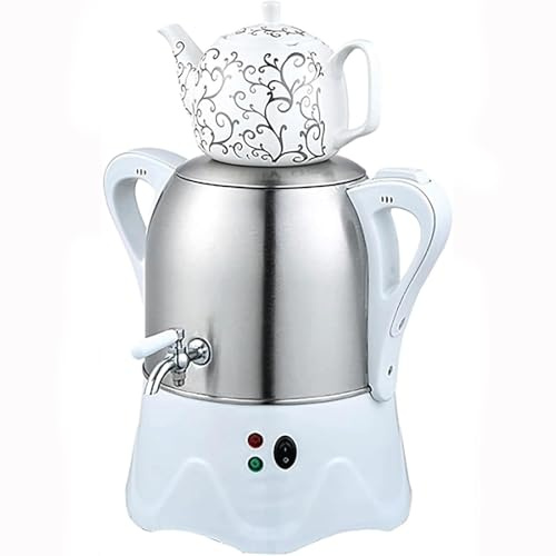 Elektrisk turkisk samovar, elektrisk turkisk tebryggare med varmhållningsfunktion, 3L tekanna i rostfritt stål och 1L keramisk tekanna, for kaffe, doftande och turkiskt te(White)