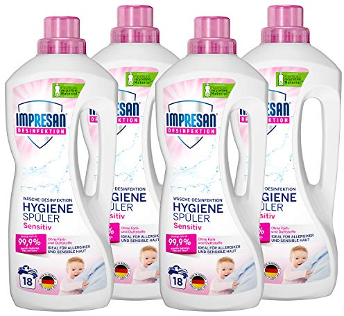 Impresan Hygiene-Spüler Sensitiv - 4 x 1,5L - Frei von Duft- und Farbstoffen - Wäsche-Desinfektion - ohne Duftstoffe - Parfümfrei - für empfindliche Haut - 4 x 18 Waschladungen