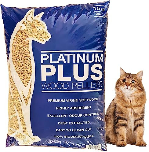 Platinum Plus Cat Litter 30L Bag | Premium Natural Wooden Pellets- Odour Control - Biodegradable Wood Pellet - Dust Free Absorbent Woods - House Training Chip Litter for Cats & Kittens - Eco Softwood
