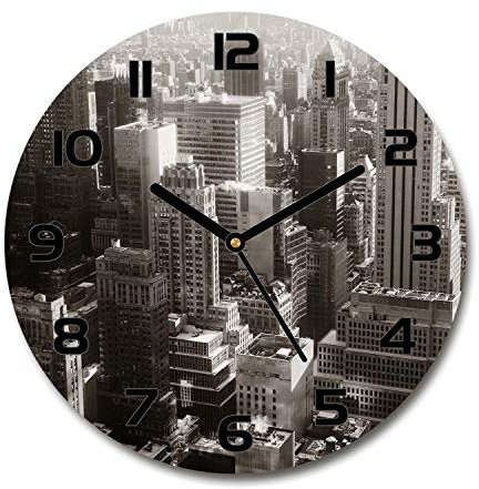 Tulup Glasuhr ⌀ 30cm - Schwarze Zeigern - Wanduhr Wandkunst Bild Gehärtetem Glas Uhr Echtglas Küche Wohnzimmer - New York