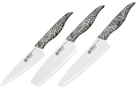 Set di 3 coltelli da cucina con lame in ceramica in ossido di zirconio bianco: Utility 155 mm, Nakiri 165 mm, cuoco 187 mm