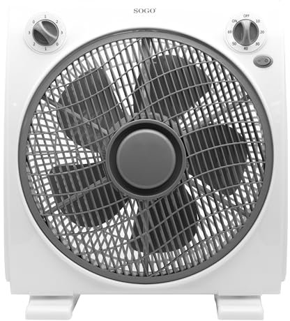 SOGO Ventilador Rotatorio Box-Fan 12 Con Rejilla Giratoria Multidireccional - Ventilador De Bajo Ruido Con Temporizador - 3 Velocidades - Silencioso Para Hogar