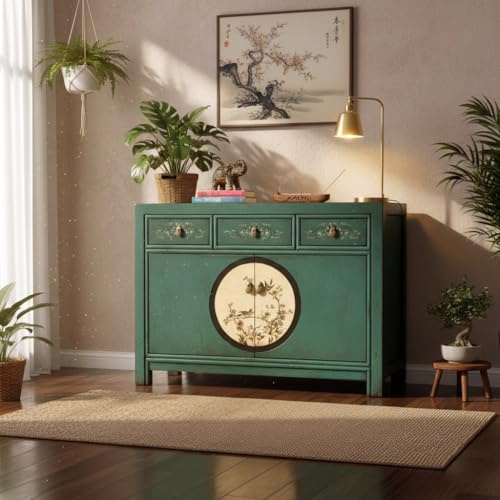 OPIUM OUTLET chinesische Kommode Sideboard Schränkchen Anrichte Vintage Shabby Chic Stil Kolonialstil Bunte Motive (Design 10)