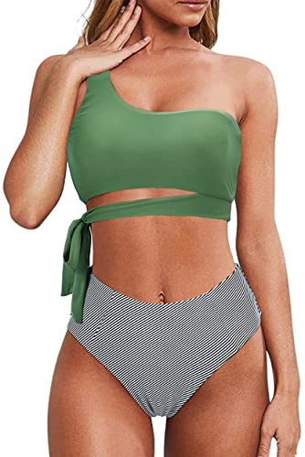 Rayson Donna Vita Alta Costume da Bagno a Due Pezzi Bikini Set Chic Monospalla retrò con Spalline Laterali(Verde,L)