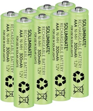 Soluminate Solar Light Batteries Size AAA (300mAh) 1.2V Rechargeable NiMH for garden solar lights (8-Pack)