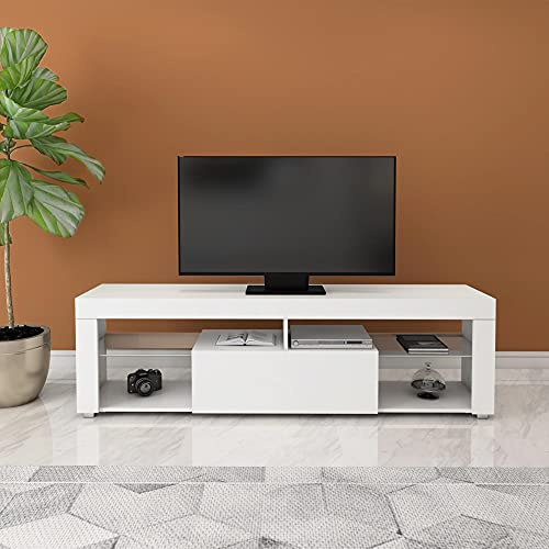 ML-Design TV lowboard i trä i vitt, 140x51x35 cm, Modernt TV-bord med förvaringsutrymme, Handtagslös design, TV-skåp stående med låda och 2 hyllor av glas, TV-bord Sideboard TV-skåp