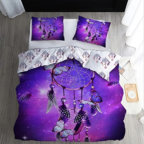 WQIZXCW Bettwäsche Traumfänger 140x200 2er Set, Weiche Microfaser Wendebettwäsche, Lila Schmetterling Dream Catcher Bettbezug Set mit Reißverschluss und 1 Kissenbezug 70x90, Angenehm & Atmungsaktiv