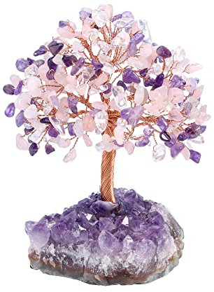 Jovivi Albero di Cristallo con Base Geode Ametista - Decorazione Ornamento della Vita, Soprammobile Portafortuna con Quarzo Rosa e Cristallo Bianco