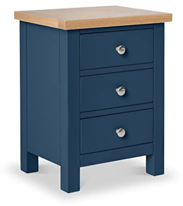 RoselandFurniture Farro Navy Blue Bedside Table Cabinet with Oak Top | Fully Assembled Painted Solid Wooden Side End Nightstand with 3 Drawers for Bedroom, Bathroom and Hallway
