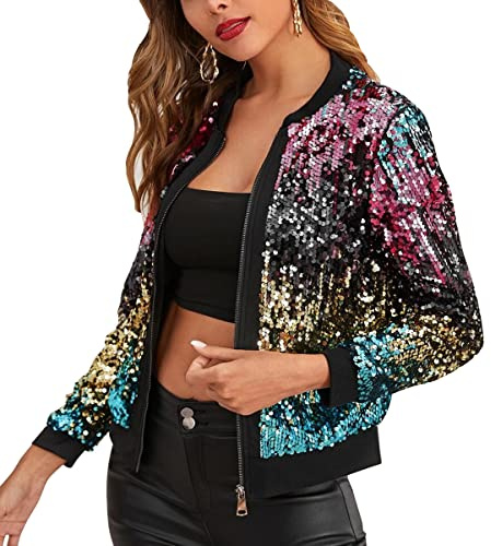 ORANDESIGNE Baseball Jacke Damen Pailletten Reißverschluss Langarm Jacken Frühling Herbst Kurze Jacke Outwear mit Taschen Frauen Retro Casual Baseball Bomberjacke Bikerjacke Übergangsjacke