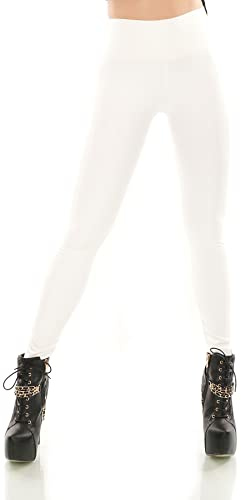 TA Fashion Damen Leggings Leggins Wet Look Leder Kunstleder Optik Thermo Hose (as3, Alpha, s, m, Regular, Regular, Weiß)