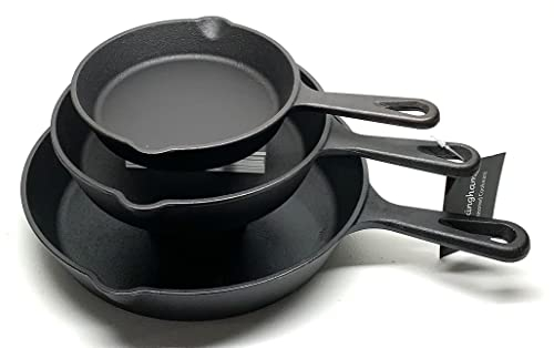 Buckingham Pre-Seasoned Cast Iron Skillet Set of 3 Piece Frying Pan Oven Safe Cookware for Indoor & Outdoor Use Frying Searing Roasting Grilling Induction Friendly