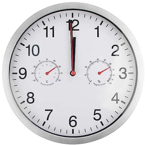 Timelike Wanduhr Geräuschlosem Uhrwerk mit Temperaturanzeige und Luftfeuchtigkeit Moderne Ohne Tickgeräusche Lautlos Edelstahlrahmen Uhr für Küche Wohnzimmer Badezimmer Schlafzimmer (Silber+Weiß)