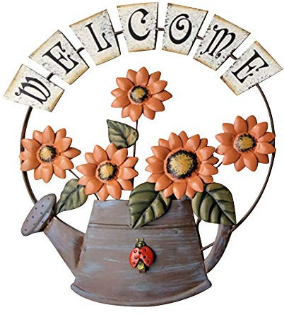 TITA-DONG Cartel de Puerta de Bienvenida con Diseño de Girasol Y Regadera de Metal Vintage, Decoración de Pared para Puerta Delantera, Carteles Colgantes, Decoración de Pared para Interior Y(Naranja)