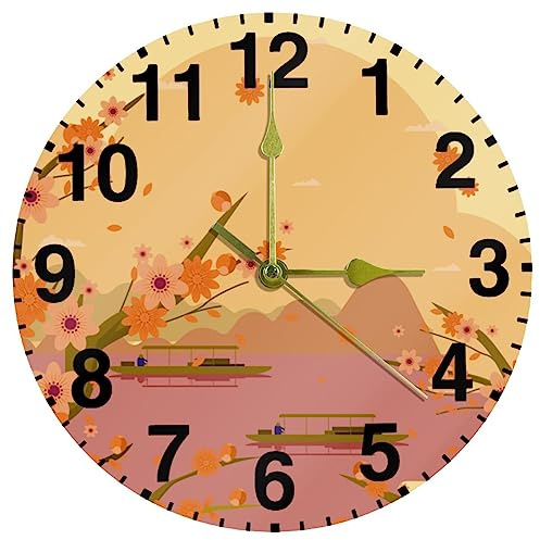 Primavera Pesco Fiori Motivo Floreale Orologio da Parete Decorativo Senza ticchettio Orologio da 25,4 cm Funzionamento a Batteria Rotondo Facile da Leggere Casa/Ufficio/Scuola Orologio
