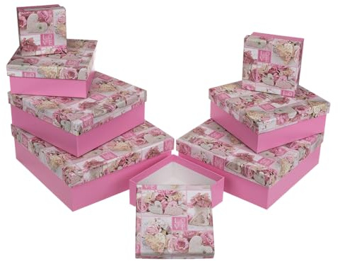 Rosafarbende Geschenkkartonage mit Rosen & Herzen, ca. 22,5 x 22,5 x 8 cm, 8er Set, einzelne EAN-Auszeichnung
