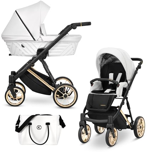 Kunert IVENTO Cochecito combinado 2 en 1 - Juego completo con bañera para bebé y cochecito, con bolsa de pañales/protección contra la lluvia + saco para los pies I IVE 08 White Pearl / Gold Frame