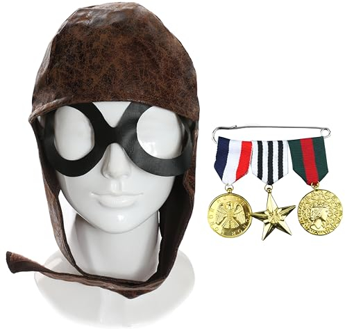 Fliegermütze für Erwachsene – braune 1940er Fliegermütze mit angenähter Brille, Kriegsmedaillen aus Kunststoff – Erwachsenenkostüm zum Welttag der Buchwoche