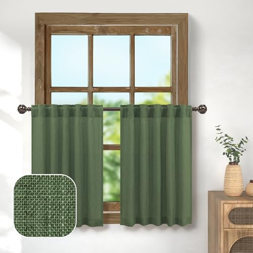 Pitalk Cortinas color verde oliva para cocina, mezcla de lino, 76,2 cm de ancho por 91,4 cm de largo