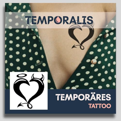 Fake Tattoo Herz – Temporalis® | Temporäre Tattoos für Erwachsene – EU-zertifizierte Kosmetik, vegan & wasserfest – Hält 1 bis 2 Wochen [ Engel- und Dämonenherz ]