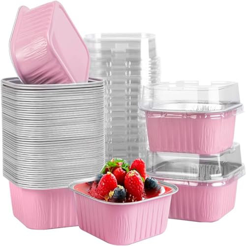 Nchdewui Aluminium Foil Square Brownie Baking Cups, 100 Pcs Mini Loaf Pans with Lids, Foil Bread Containers, Reusable Foil Mini Loaf Tin for Home Kitchen (Pink)