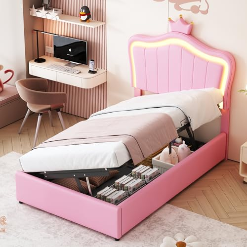 Aoskem Polsterbett 90x200 Einzelbett Kinderbett mit Stauraum Underbett, LED-Kopfteil Kronendesign, Stauraumbett Bettgestell mit Lattenrost, Rückenlehne Jugendbett Flachbett, Ohne Matratze, PU (Rosa)