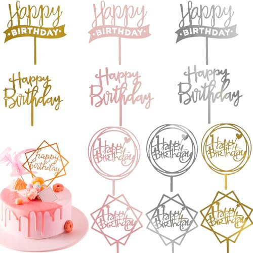 12 Stück Happy Birthday Tortendeko, Glitzer Cake Topper Geburtstag, 4 Stile Acryl Tortendeko Geburtstag, Happy Birthday Cake Topper, Cupcake Deko