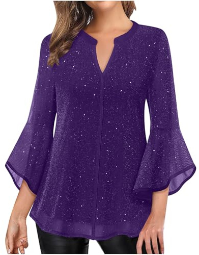 Blusa da Donna Elegante con Maniche a 3/4, Camicia con Volant, Glitzer, Top a Maglia con Patchwork, Party, Tunica, Tinta Unita, Scollo a V, Maglione, Doppio Strato, Longshirt, Leggera e Traspirante