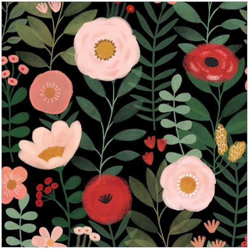HAOKHOME Peel and Stick Wallpaper Black Floral Self Adhesive Wall Paper | Black/Pink/Red Removable Textured Stick on Contact Paper for Bedroom Bathroom 3m x 44cm