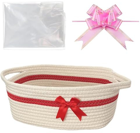 Hiseng Cestini Portaoggetti Intrecciato in Corda di Cotone con Manici, Cesti Regalo Vuoto con Sacchetti Regalo e Fiocchi, Cestini Regali per Natale, Matrimoni, Compleanni, Pasqua (Rosso Beige)