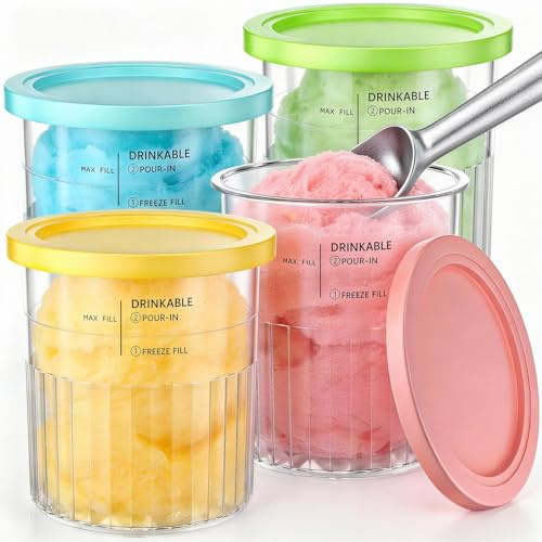 Kssvzz 4 Piezas Recipiente para Helados con Tapa | Reutilizables, Libre de BPA, Apto para Lavavajillas, 24 oz Aptos para Lavavajillas, sin BPA, con Cuchara de Aluminio