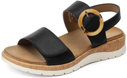 UBFEN Womens Flat Sandals Arch Support Open Toe Walking Comfy Casual Low Wedge Summer Shoes A Black Size US 7.5